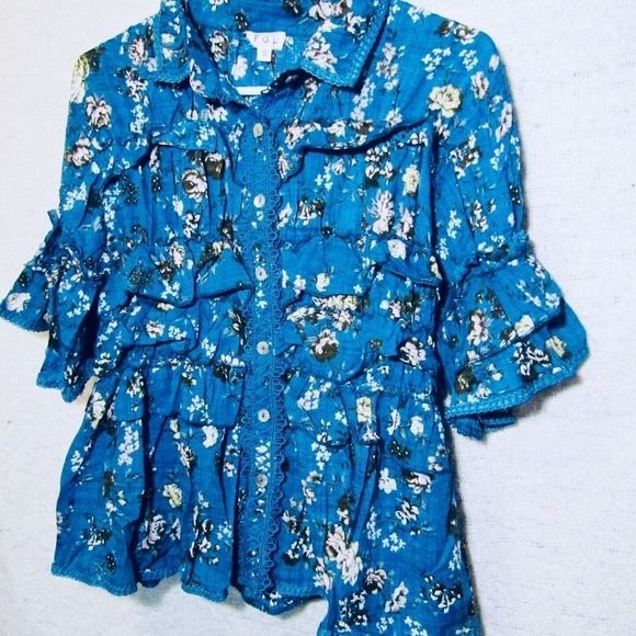 Blue cottagecore ruffle button down mid sleeve top - Picture 8 of 8